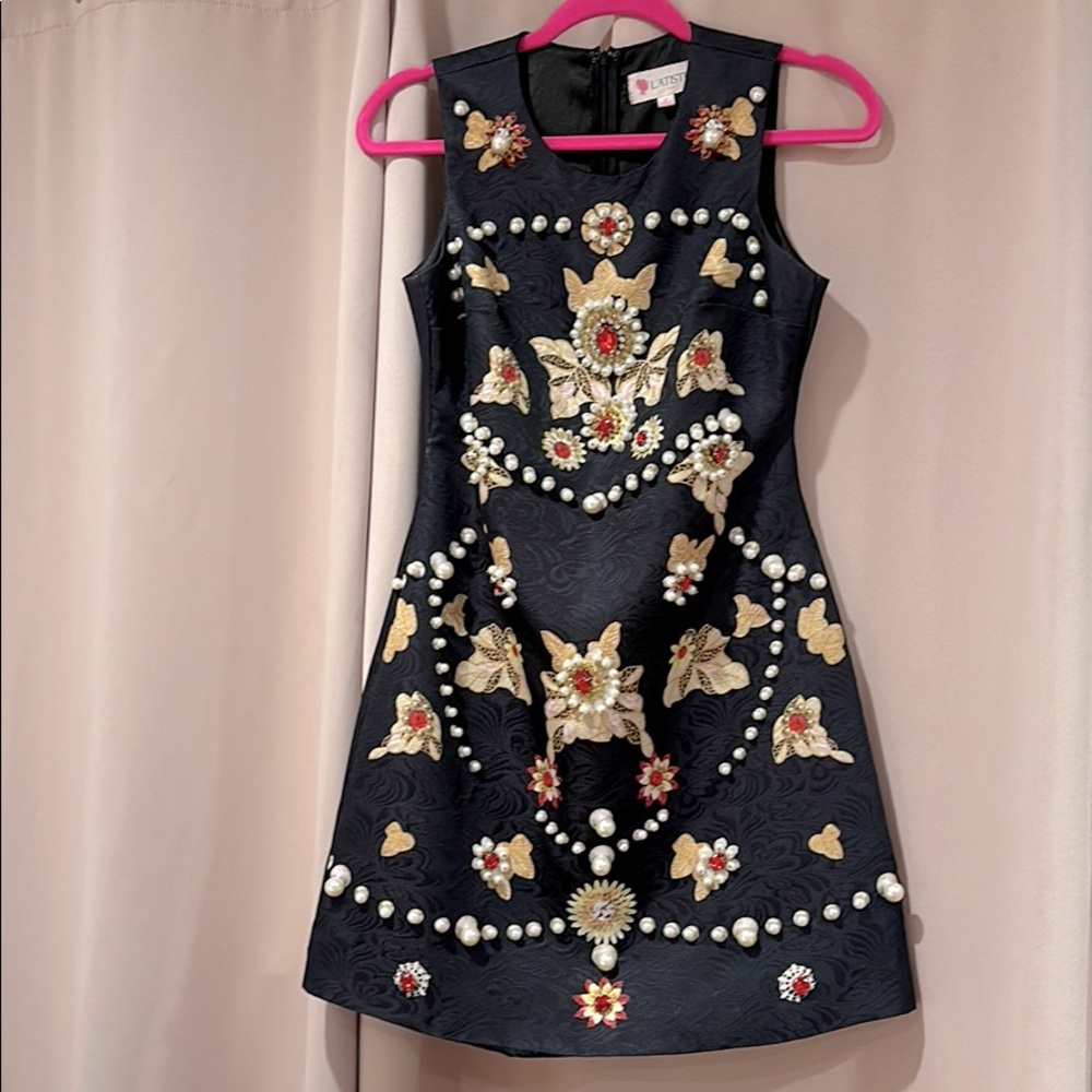 Bejeweled black mini shift dress